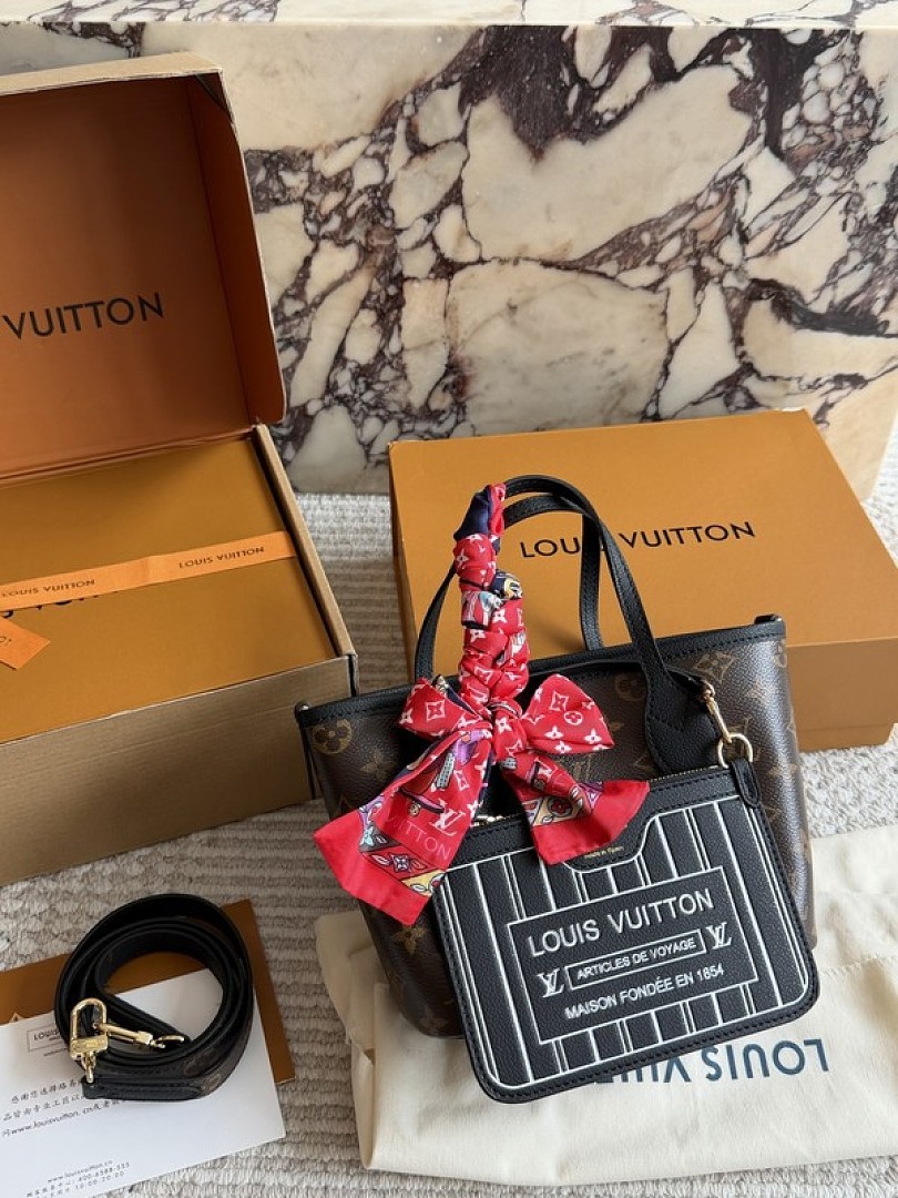 Louis Vuitton Neverfull-Style Mini Monogram Tote with Black Trim — Brown & Black