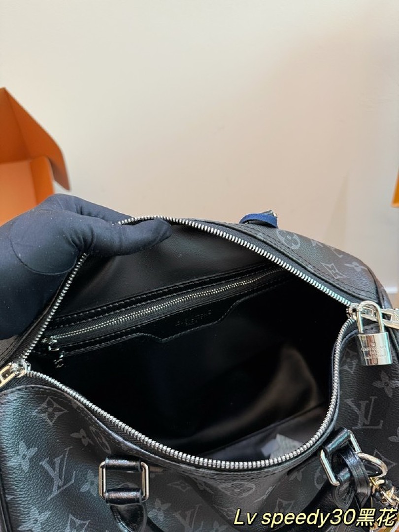 Louis Vuitton Speedy-Style Monogram Bag 30 with Chain — Black & Grey - Image 9