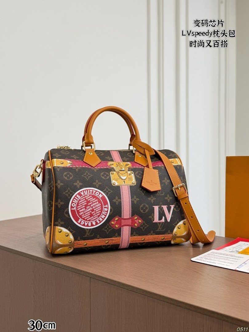 Louis Vuitton Speedy-Style Trunk-Print Bag — Brown & Pink