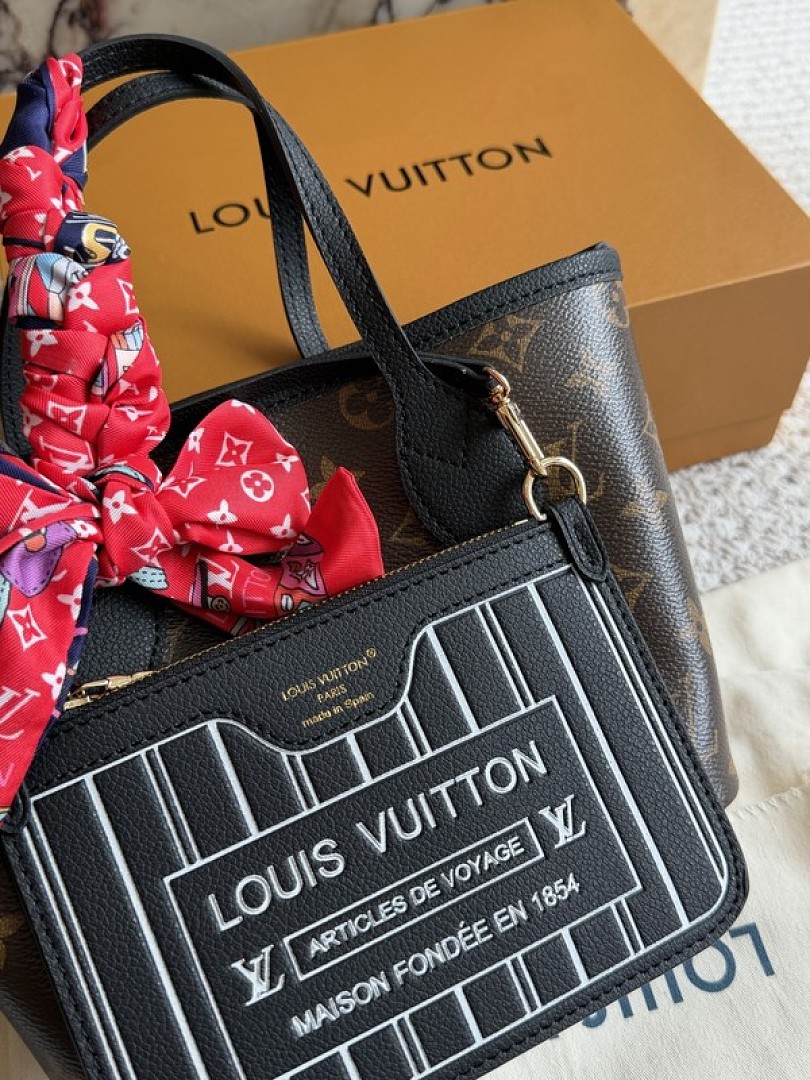 Louis Vuitton Neverfull-Style Mini Monogram Tote with Black Trim — Brown & Black - Image 2