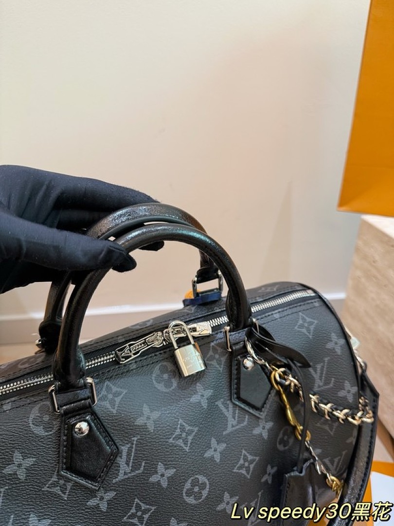 Louis Vuitton Speedy-Style Monogram Bag 30 with Chain — Black & Grey - Image 3