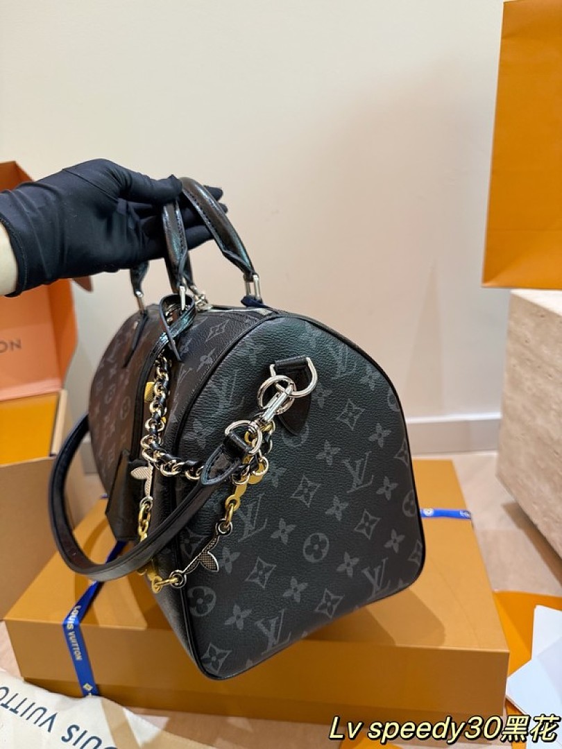 Louis Vuitton Speedy-Style Monogram Bag 30 with Chain — Black & Grey - Image 4