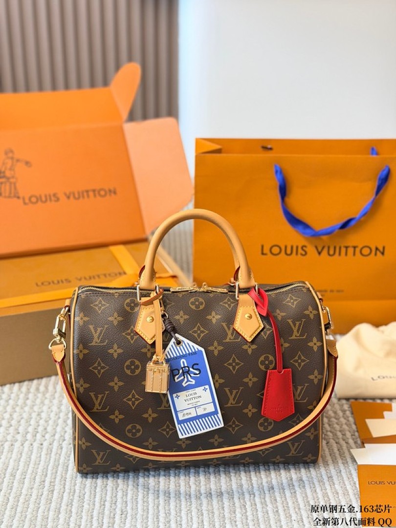 Louis Vuitton Speedy-Style Monogram Bag with Travel Tags — Brown & Tan - Image 4