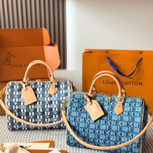 55354b1117 Louis Vuitton Speedy-Style Geometric Denim-Look Bag — Blue Pattern Options