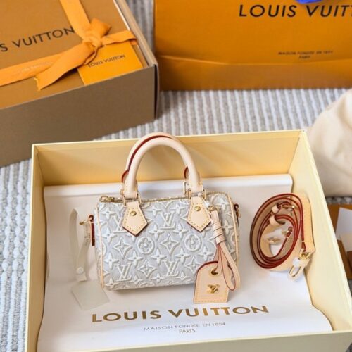 5a0a1f331b Louis Vuitton Nano Speedy-Style Textured Monogram Bag — Light Grey
