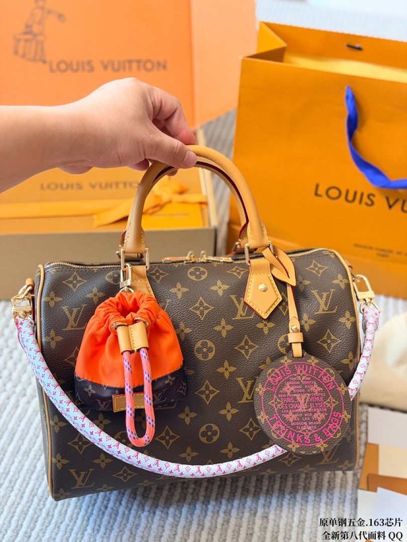 Louis Vuitton Speedy-Style Monogram Bag with Orange Pouch — Brown & Pink
