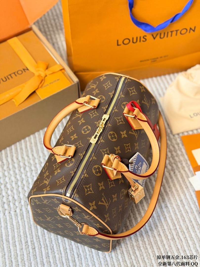 Louis Vuitton Speedy-Style Monogram Bag with Travel Tags — Brown & Tan - Image 3