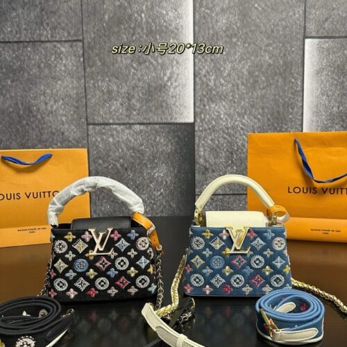 65acd06f8e Louis Vuitton Mini Capucines-Style Patterned Top-Handle Bag — Blue & Black Options