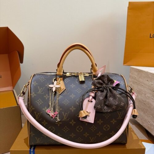 Louis Vuitton Speedy-Style Monogram Bag 30 with Drawstring Pouch — Brown & Pink