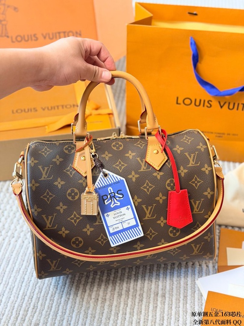 Louis Vuitton Speedy-Style Monogram Bag with Travel Tags — Brown & Tan