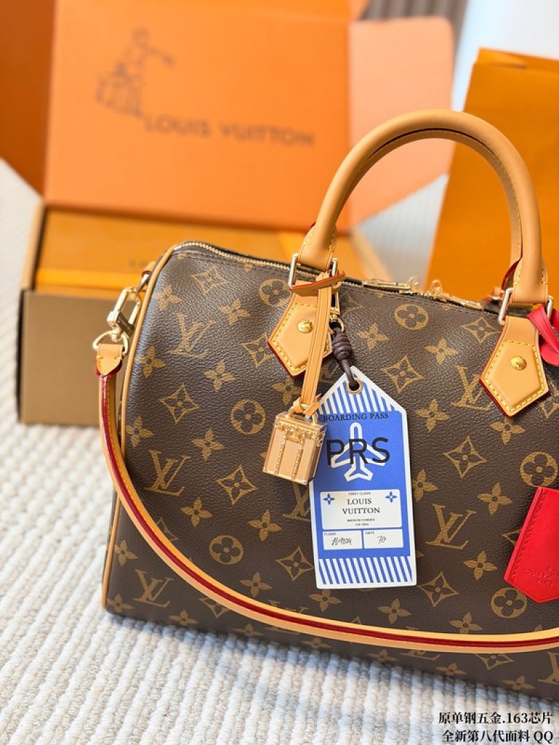 Louis Vuitton Speedy-Style Monogram Bag with Travel Tags — Brown & Tan - Image 2
