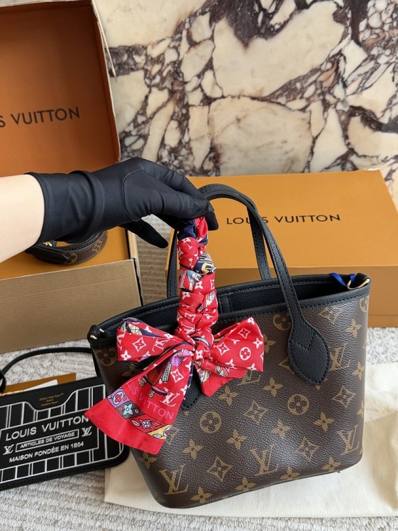 Louis Vuitton Neverfull-Style Mini Monogram Tote with Black Trim — Brown & Black - Image 8