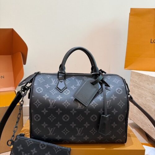 Louis Vuitton Speedy-Style Monogram Bag 30 with Pouch — Black & Grey