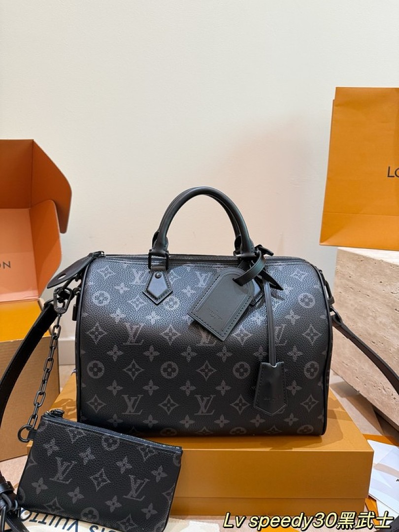Louis Vuitton Speedy-Style Monogram Bag 30 with Pouch — Black & Grey