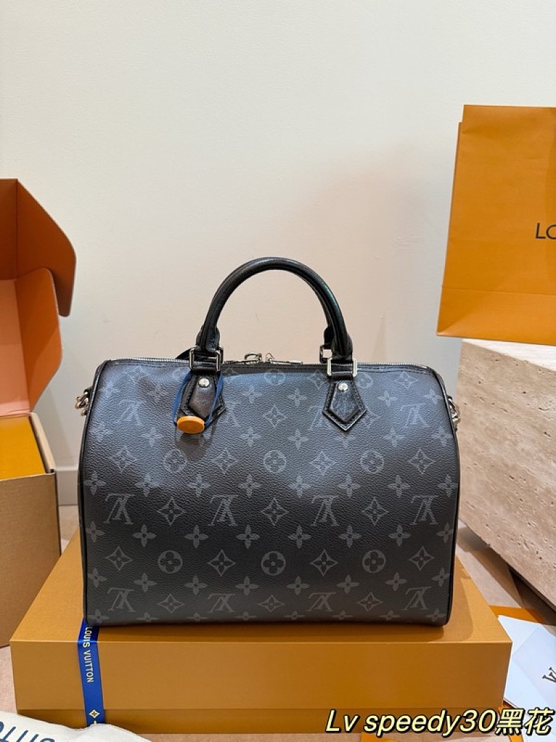 Louis Vuitton Speedy-Style Monogram Bag 30 with Chain — Black & Grey - Image 5