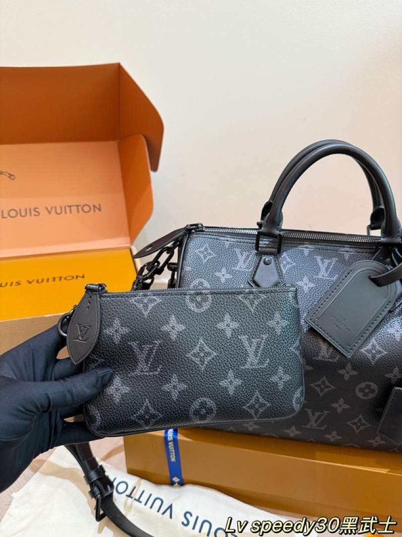 Louis Vuitton Speedy-Style Monogram Bag 30 with Pouch — Black & Grey - Image 3