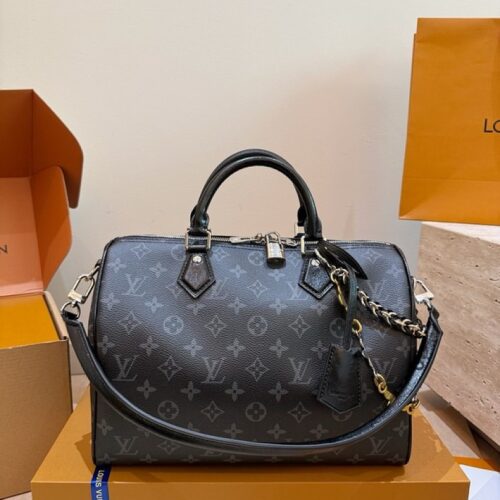 Louis Vuitton Speedy-Style Monogram Bag 30 with Chain — Black & Grey
