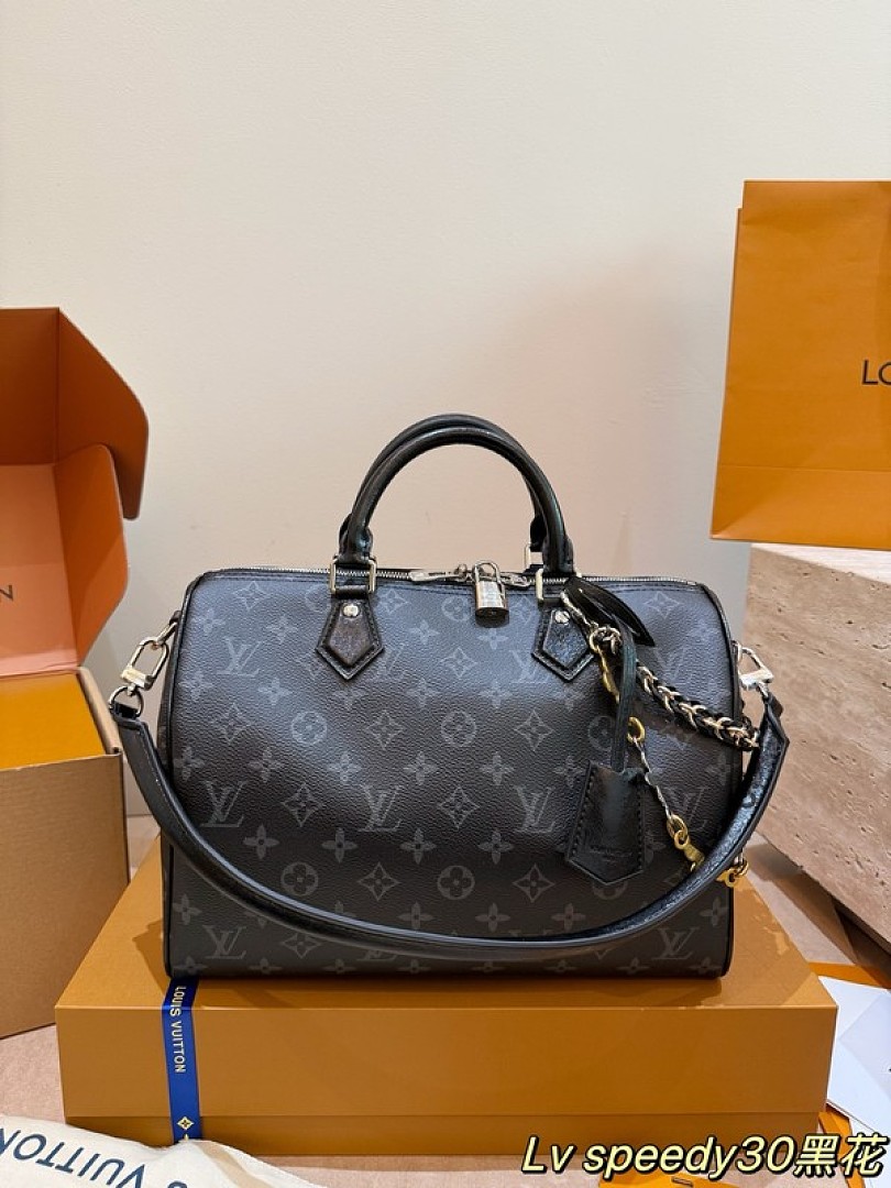 Louis Vuitton Speedy-Style Monogram Bag 30 with Chain — Black & Grey