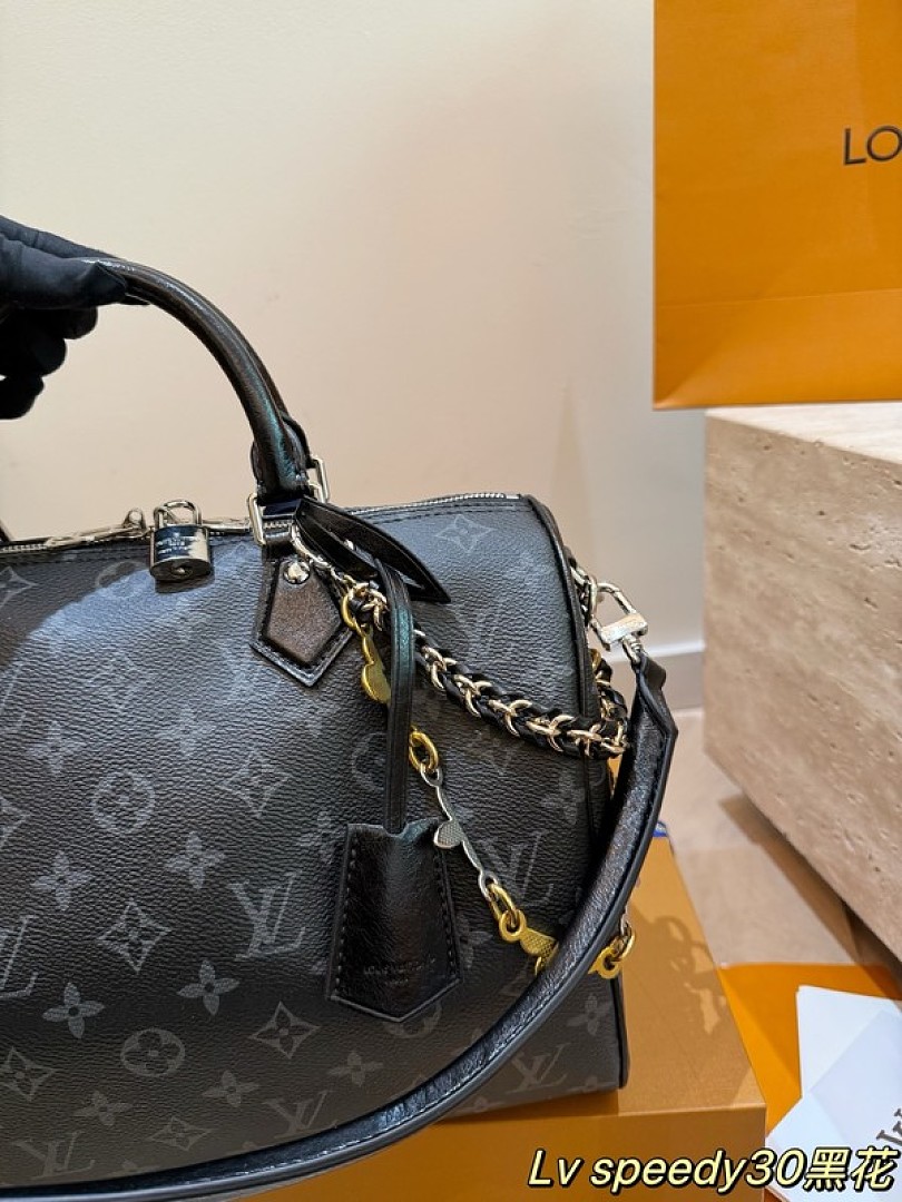 Louis Vuitton Speedy-Style Monogram Bag 30 with Chain — Black & Grey - Image 2