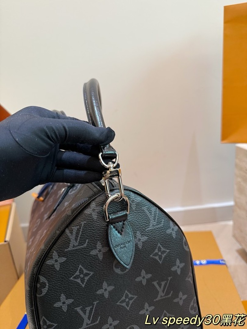 Louis Vuitton Speedy-Style Monogram Bag 30 with Chain — Black & Grey - Image 6