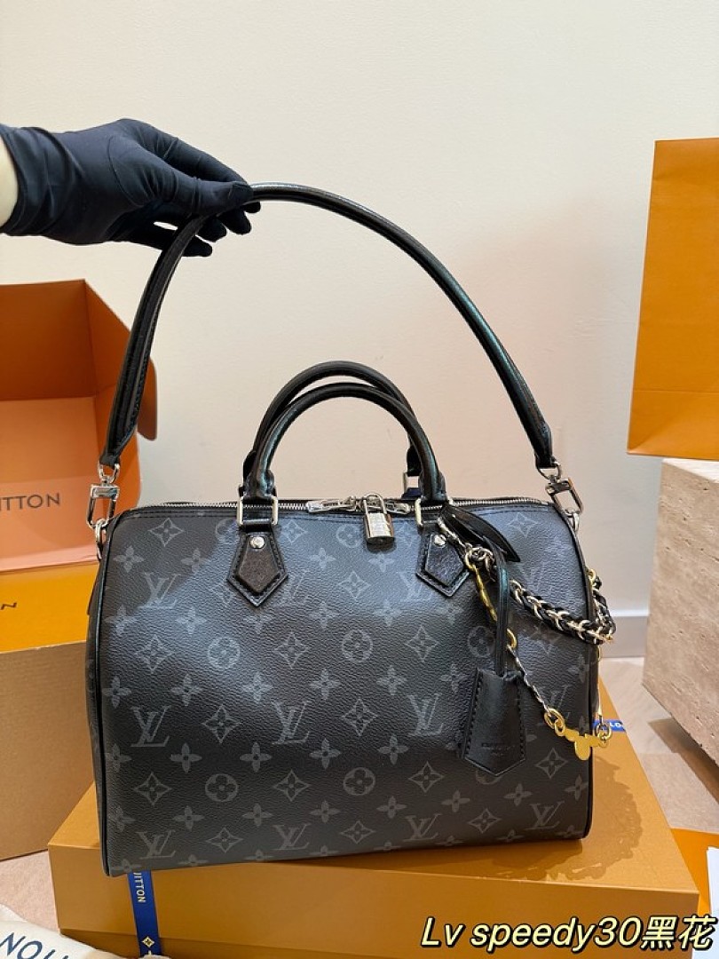 Louis Vuitton Speedy-Style Monogram Bag 30 with Chain — Black & Grey - Image 7